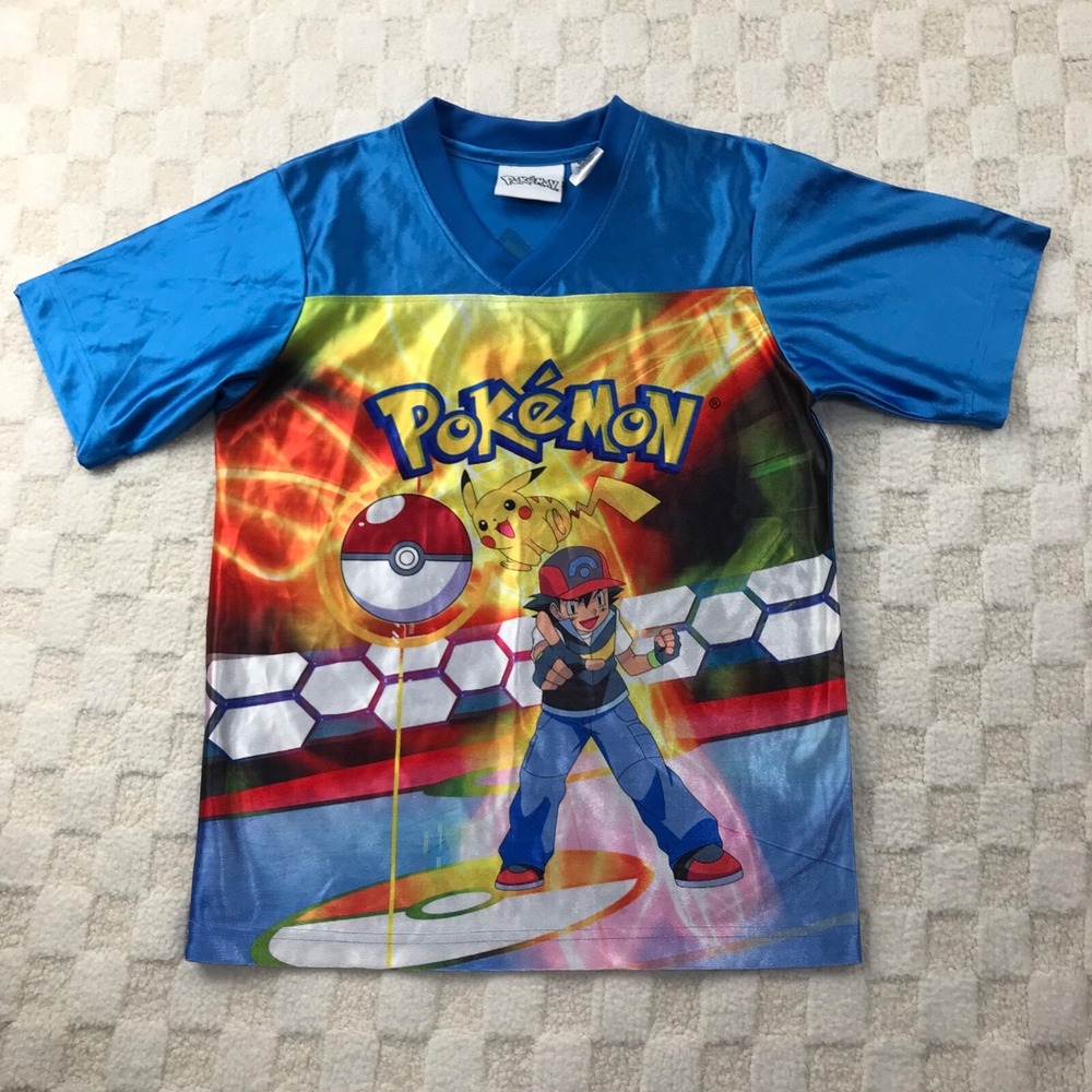 Vintage Pokemon Shirt YOUTH 10/12 Blue Shiny Silky Y2K Kids Boys Pikachu